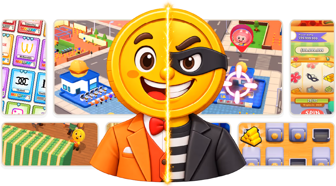 Split illustration of the Money to Billions mascot: banker on one side, masked heist character on the other