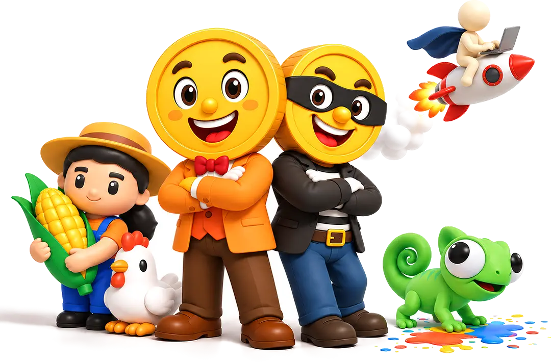 Pax Animi game characters: the Money to Billions coin mascot and friends from across the studio catalogue